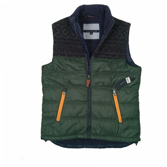 NEW $189 Tommy Hilfiger Down Puffer Vest! Green With Navy Details Fleece Lining - Picture 1 of 2